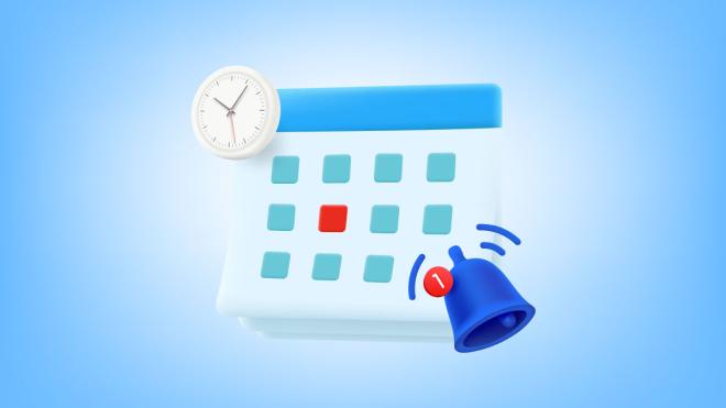 Illustration of calendar with highlighted date and ringing notification bell