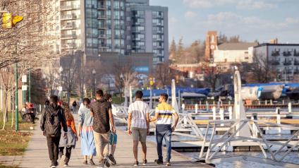 Group of people walking down marina