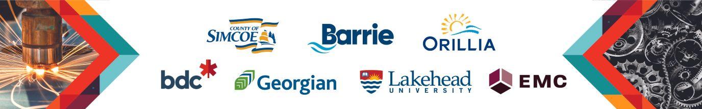 Logos for County of Simcoe, City of Barrie, City of Orillia, Business Development Bank of Canada, Georgian College, Lakehead University and EMC